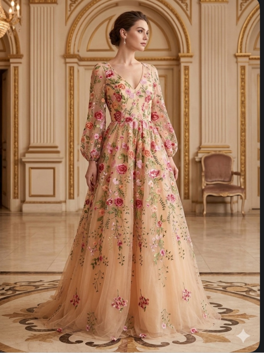 NWT Jovani 6 Nude Multi Floral embroidered Long Puff Sleeve Tulle Gown $510